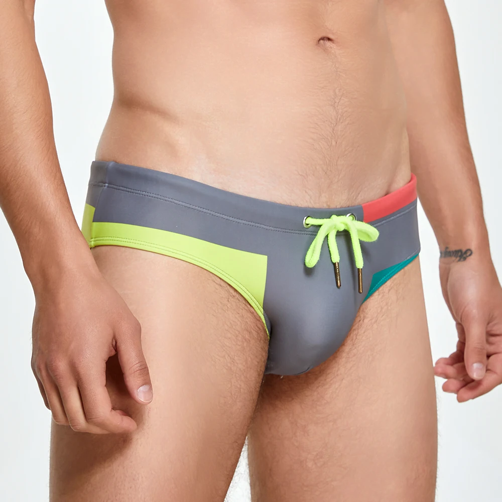 Cintura baixa masculina calção de banho, sexy biquíni calcinha, maiô colorido estampado em nylon, secagem rápida push pad shorts, surf praia natação