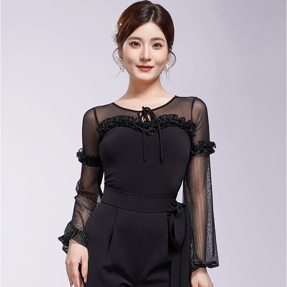 Haut de danse de salon pour femmes, valse, rétro, noir, violet, col rond, Performance d'entraînement, haut de danse moderne pour femmes, nouvelle collection