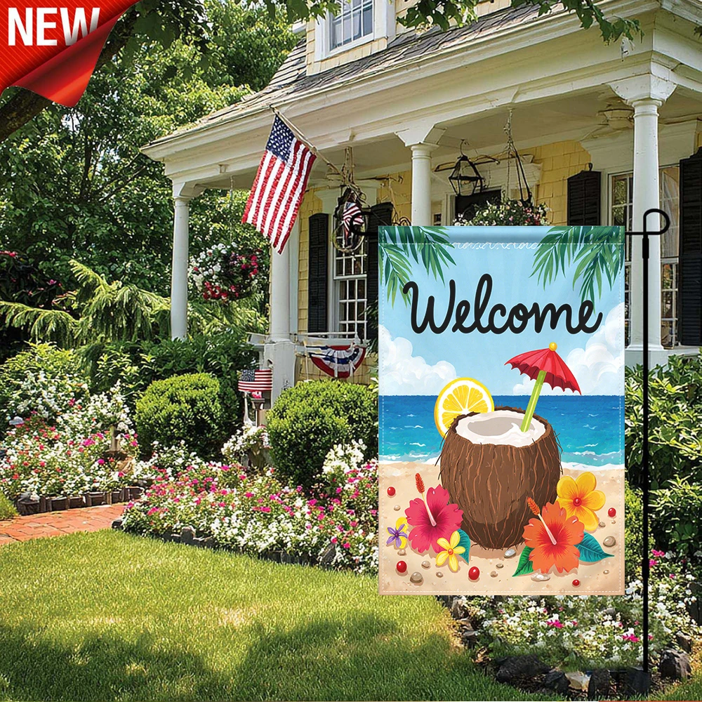 

1PC, Welcome Beach Coconut Drink Print Garden Flag Tropical Hibiscus Summer Outdoor Decorative Yard Flag