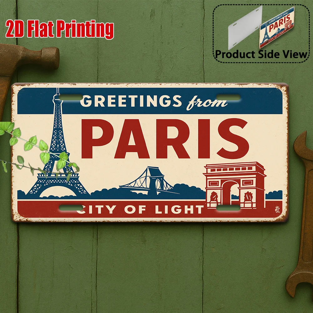 2D Flat, 1pc Vintage Paris France  Metal Sign Wall Art - Large Eiffel Tower & Arc De Triomphe Design