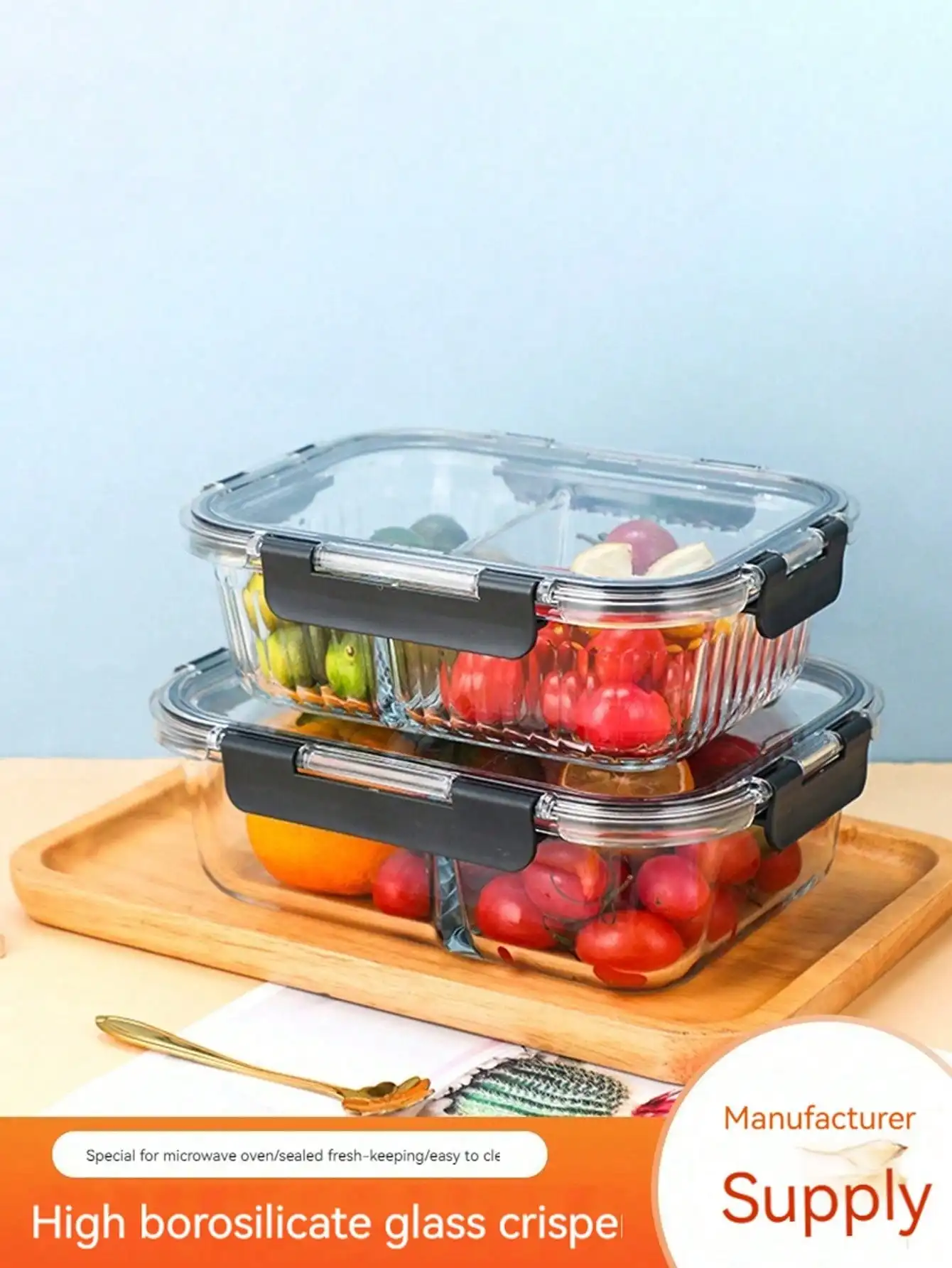 Glass food storage meal preparation container with lid, sealed glass lunch box, leak-proof glass, microwave, oven, refrigerator