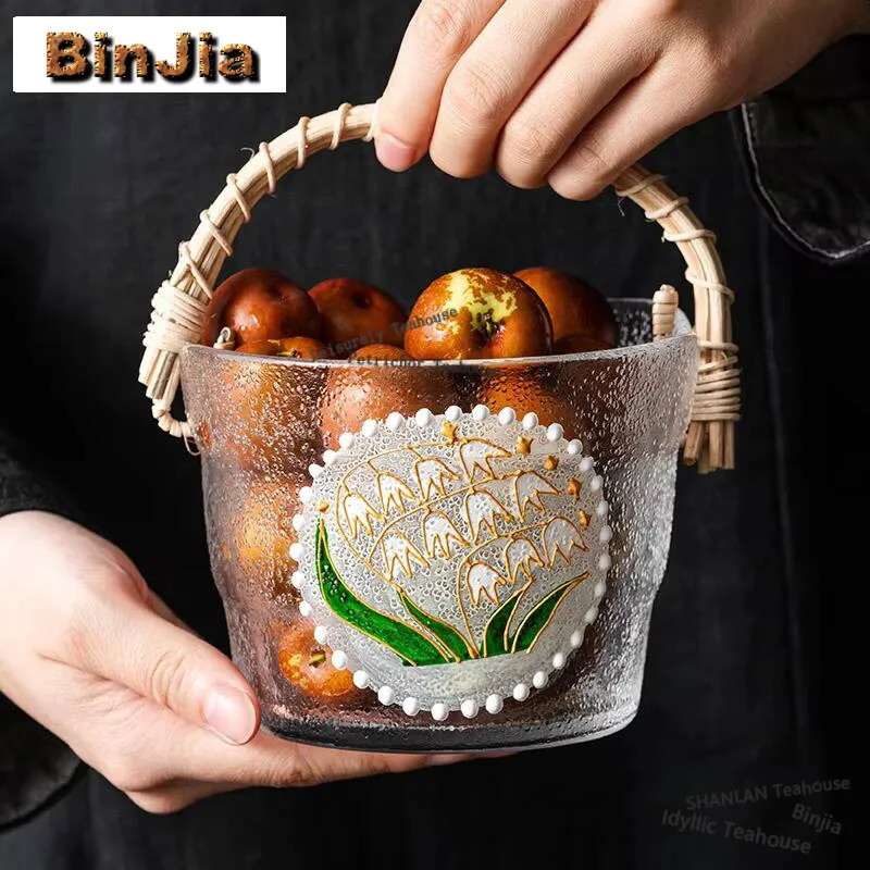 Hand Drawn Glass Fruit Tray For Living Room Decoration Rattan Woven Hand Basket Food Storage Bucket Appetizer Serving Platter