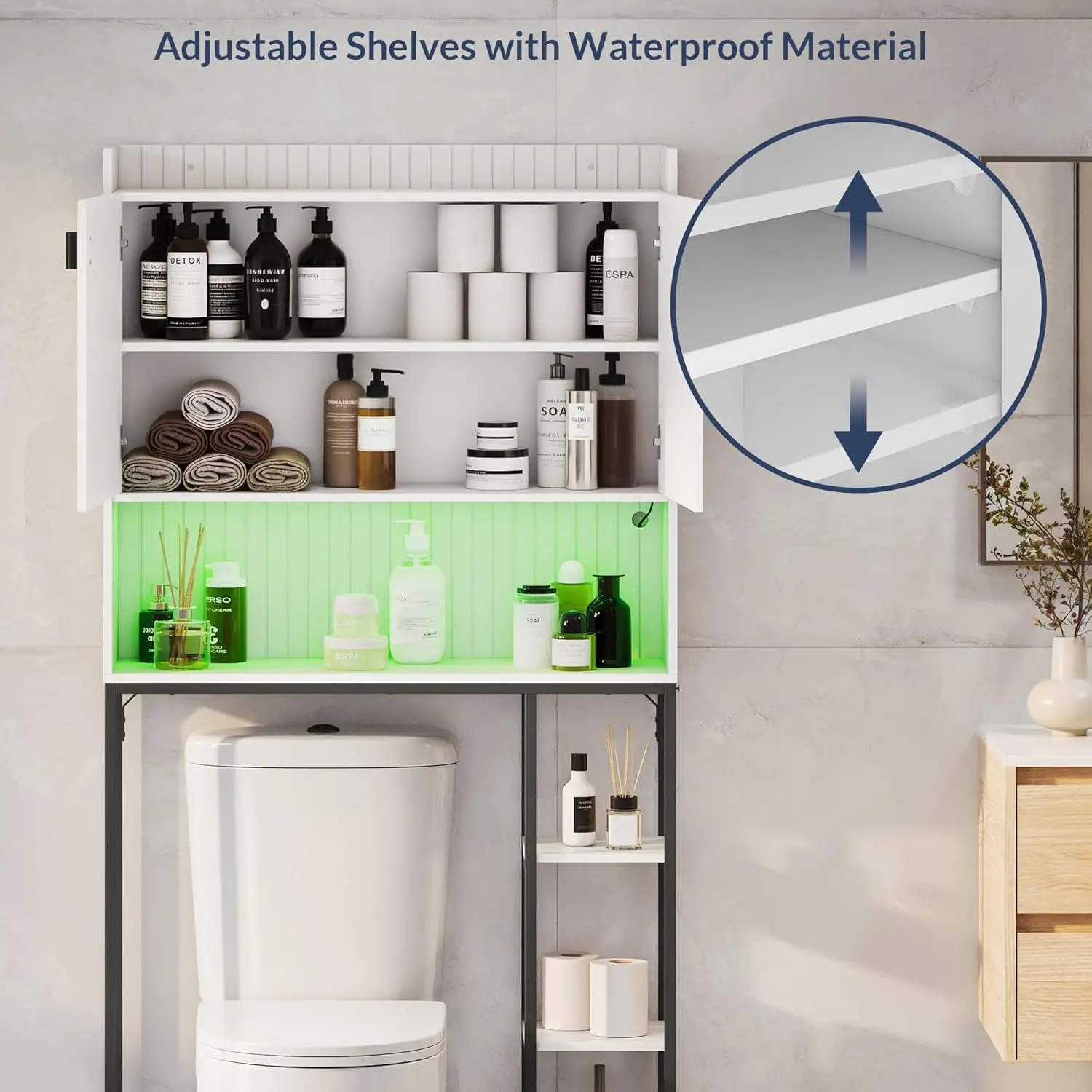 Over The Toilet Storage Cabinet with LED Light, Freestanding Above Toilet Rack with Adjustable Shelf, Bathroom Space Savers