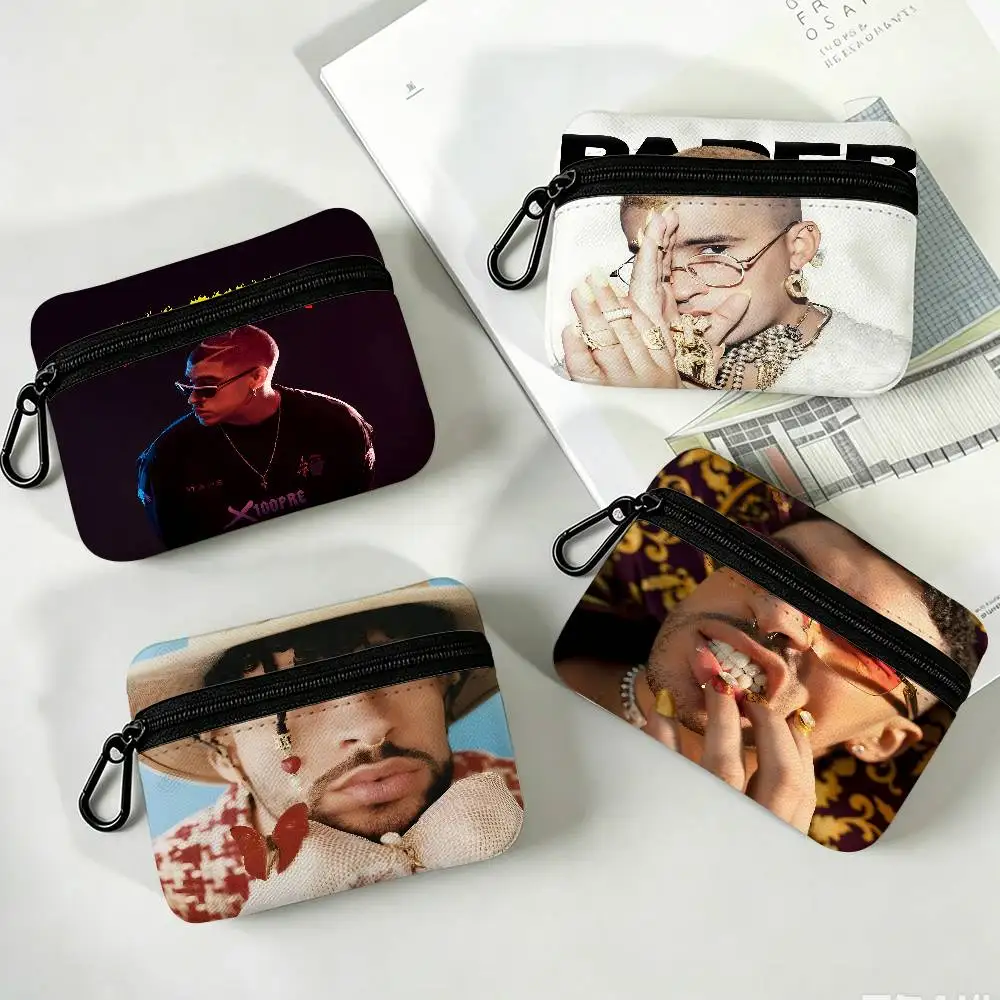 Singer Bad Bunny Mini Hanging Oxford Cloth Coin Bag Durable Zipper Key Card Pouch With Carabiner