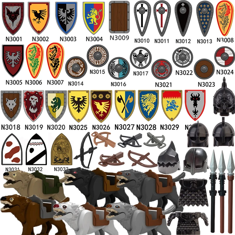Military Soldier Figures Weapons Building Blocks Sword Bow Arrow Armor Vest Helmet Cape Shield Gun Hammer Axe Spear DIY Toy A23