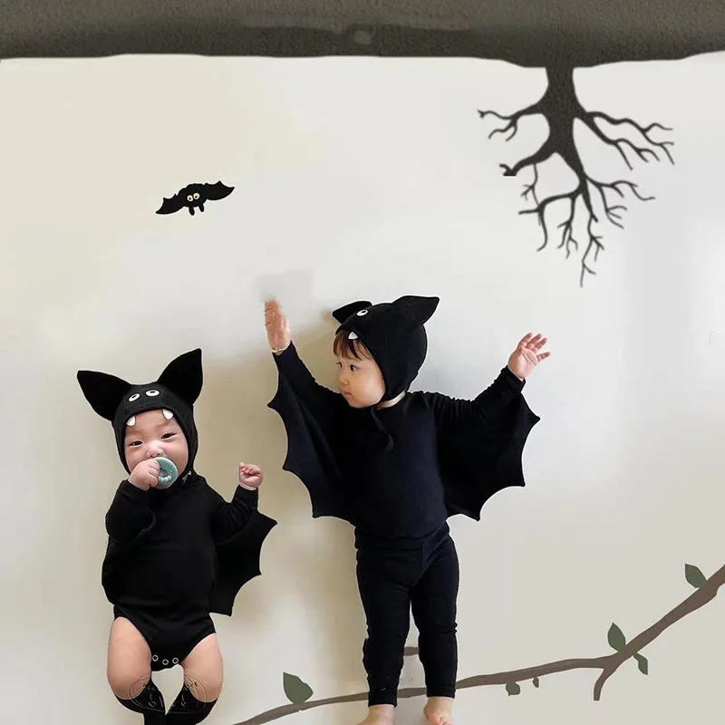 2024 New Baby Halloween Clothes Set Boys Girls Cute Bat Sleeve Bodysuit + Hat  Toddler Fashion Kids Halloween Party Clothing