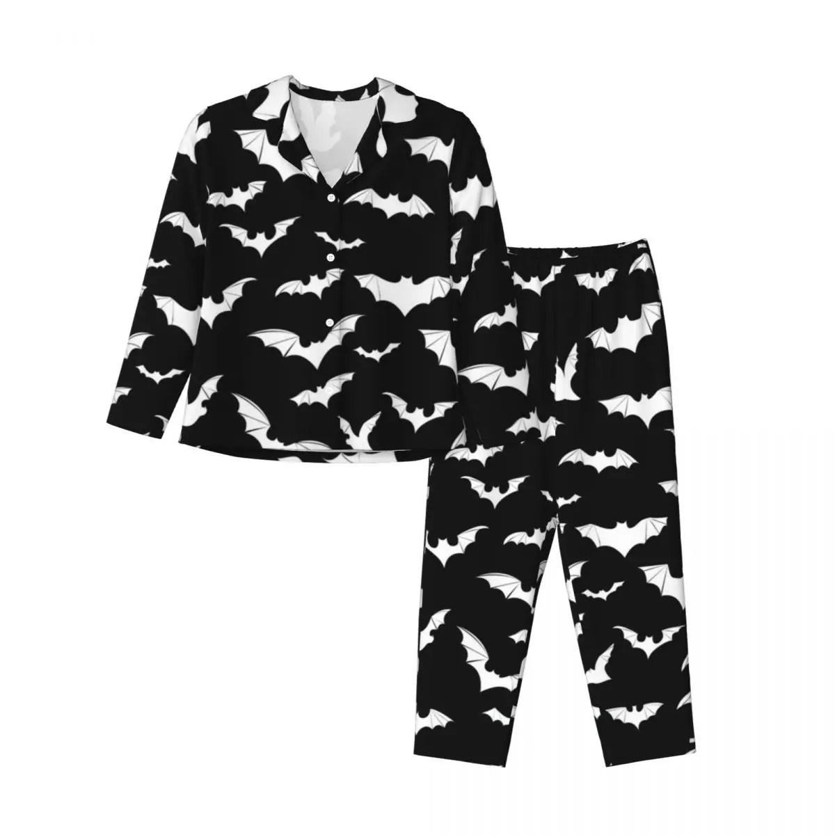 Pajamas Female Gothic Art Halloween Night Sleepwear Cute White Bats Two Piece Vintage Pajama Set Long-Sleeve Oversized Home Suit