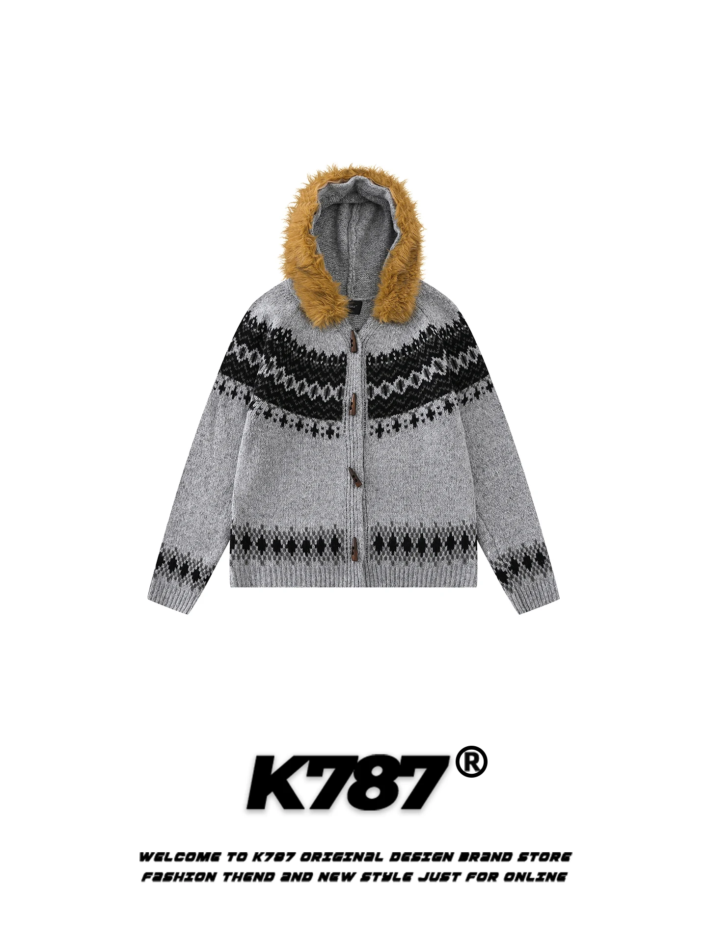 

K787 American Retro Fair Isle Hooded Sweater with Fur Collar Men's Faion Brand Button Warm Knitted Winter Casual Wear for C...