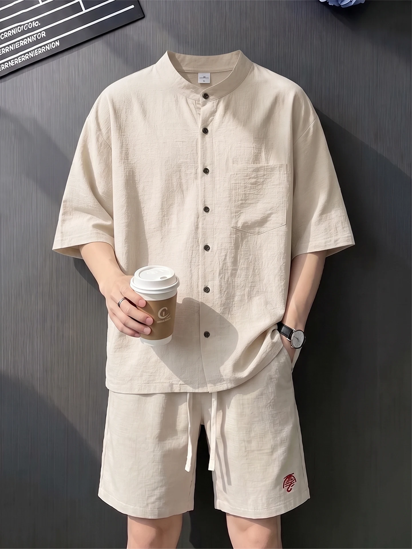 Café Brown Men's Short Sleeve Shirt Set Cotton Linen Summer Casual Wear Comfortable Skintight Five-Quarter Shorts Whole Set