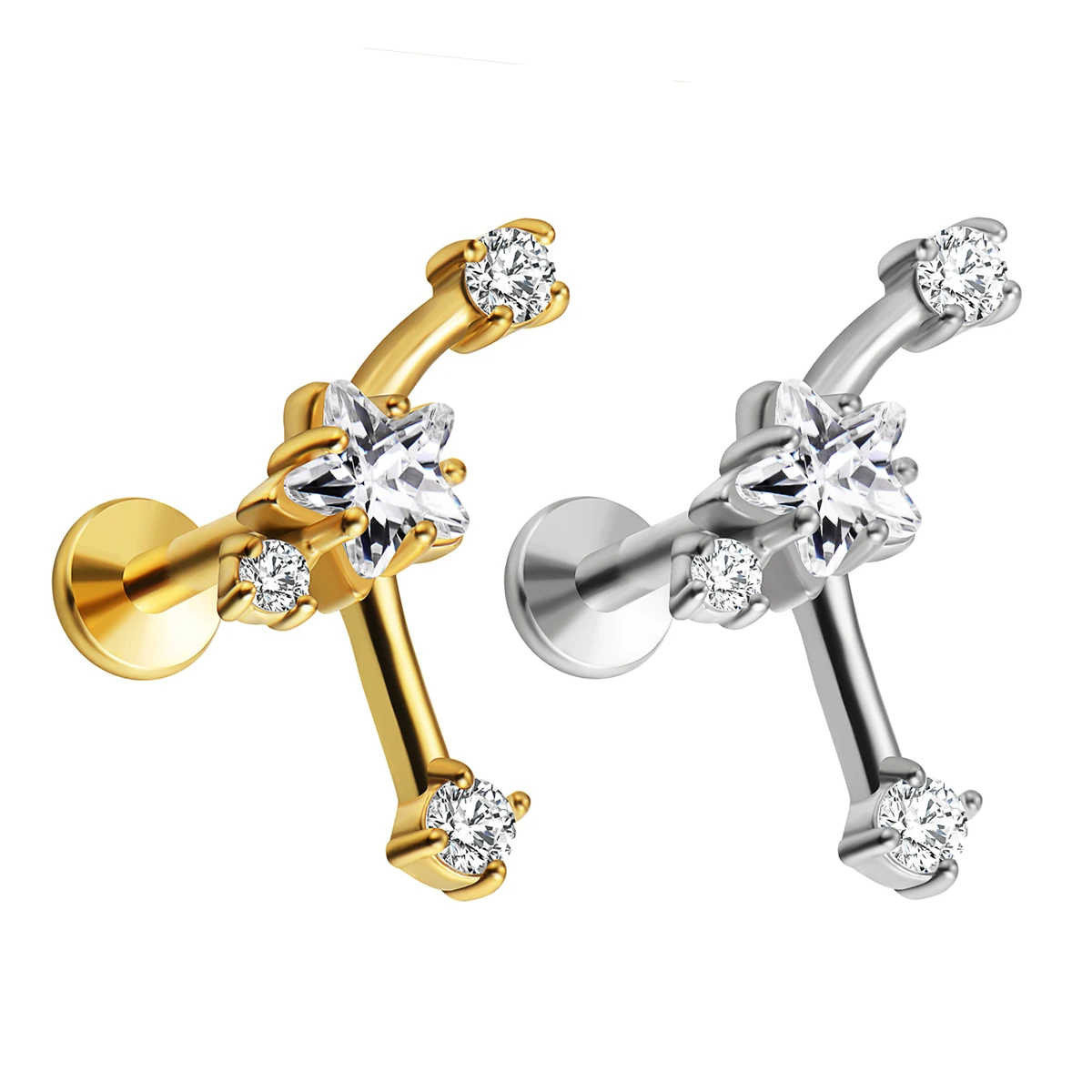 Star CZ Labret Piercing Tragus 100% 316L Surgical Steel Internal Thread Cartilage Helix Flat Back Earrings Body Jewelry
