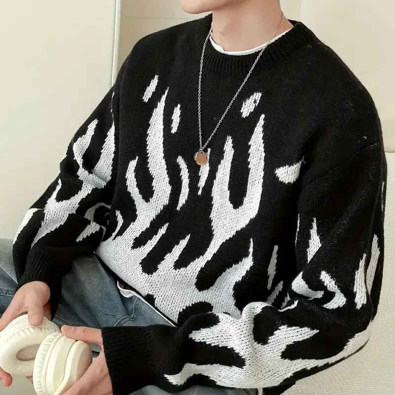 

Новый популярный осенне-зимний свитер с жаккардовым узором, повседневный, с круглым вырезом, контрастные черно-белые полосы, женский пуловер