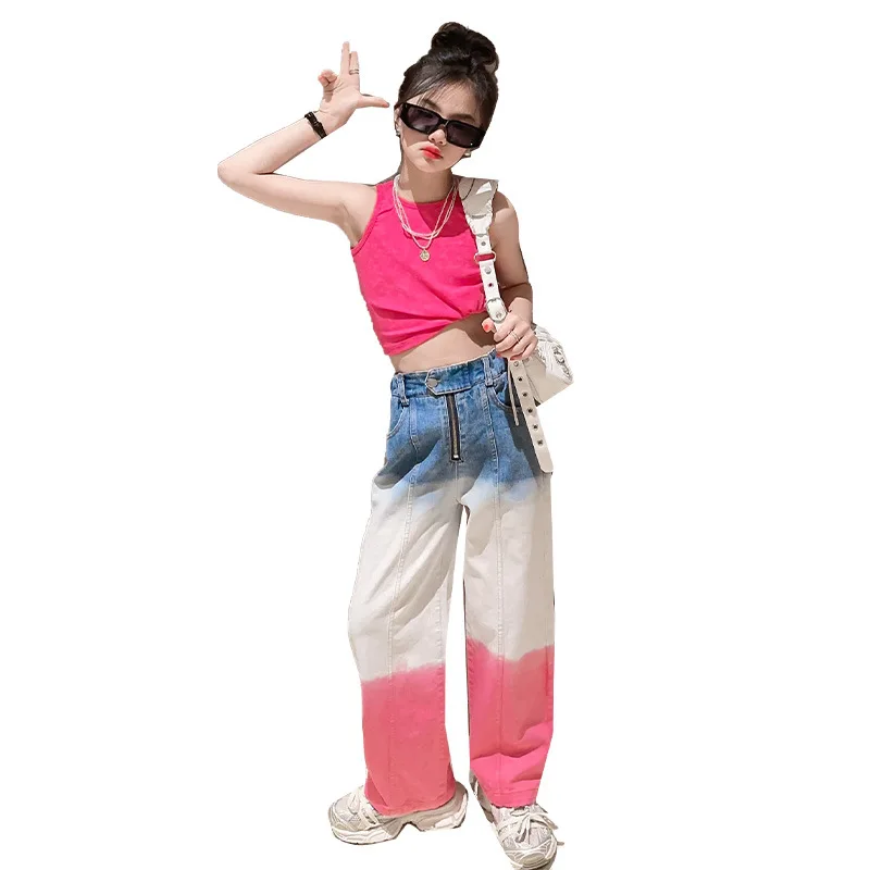 Teenager Girls Clothes Sets Summer Casual Tracksuit for Children 4-14 Years Old School Kids Vest + High Waist Jeans Korean Suits