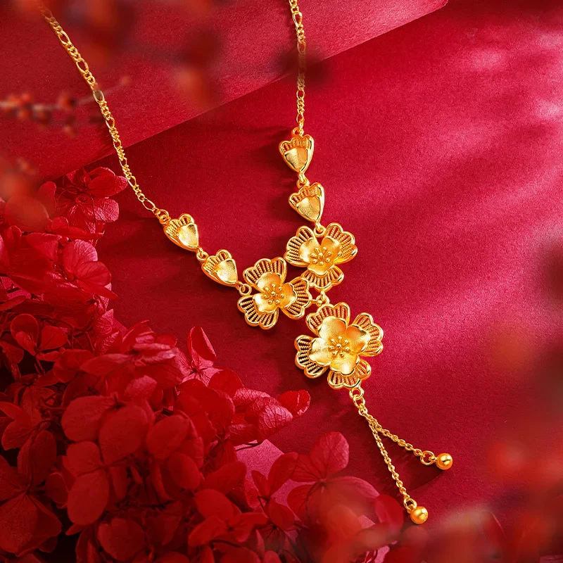 9999 Real Gold 24K Super Fairy High-end Niche Design Flower Large Petal Set Chain Gold Bride Women's Flower Wedding Jewelry