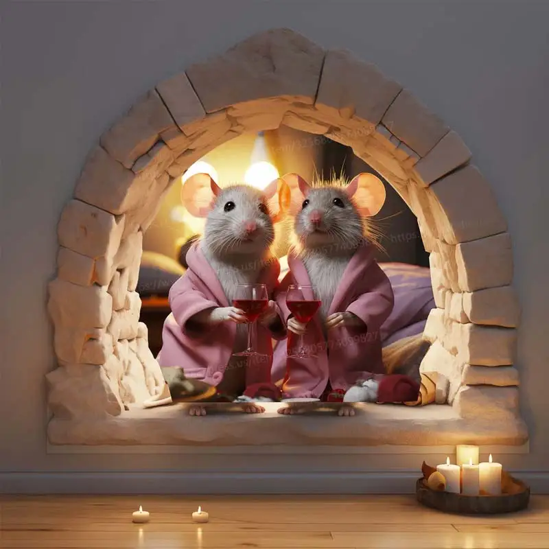 Mouse Couple Toasting Wine Hole Decal Cute Mice Pajama Wall Sticker Valentine's Day Mice Vinyl Anniversary Gift Home Decor S439