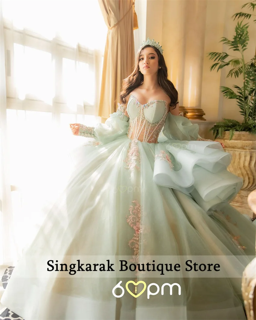 Elegante groene Sweet 16 Quinceanera jurk gezwollen mouwen kralen kristallen bloem kant applicaties vestidos de 15 años korset aanpassen