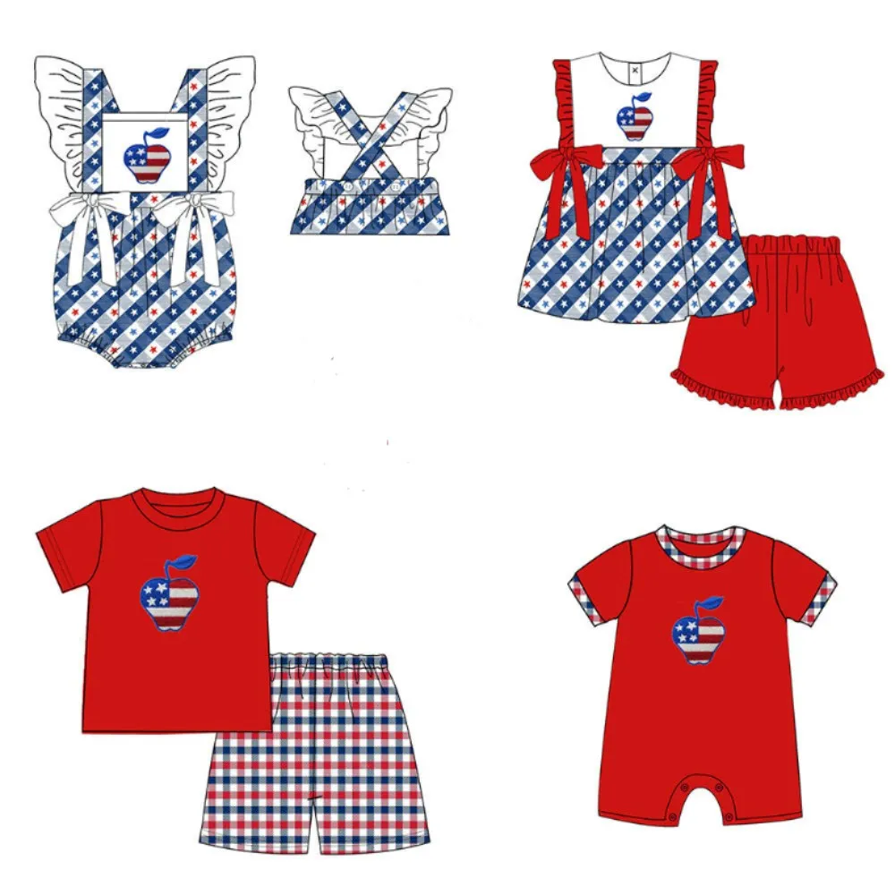 

July 4th Independence Day Plaid and Star Print Boy and Girl Summer Short-sleeved Shorts Boutique Set and Romper