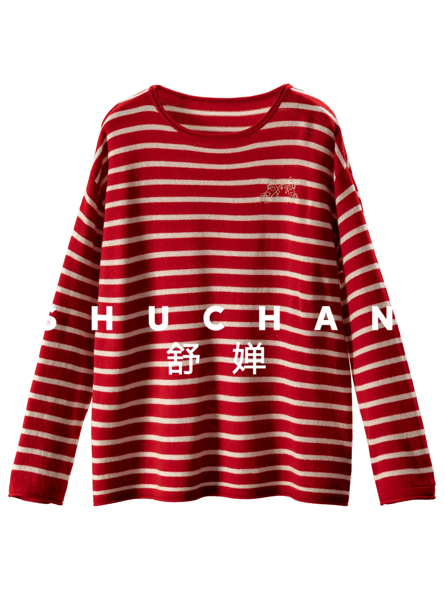 

Pullover Classic Warm Luxury, French Pony Embroidery Contrast Striped Wool Cashmere Crew Neck Sweater Women 72I9