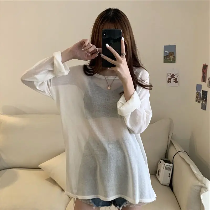 Summer New Net Yarn Thin T Shirt Tops Long Sleeve Round Neck Loose All Match Pullovers Simplicity Fashion Women Clothing