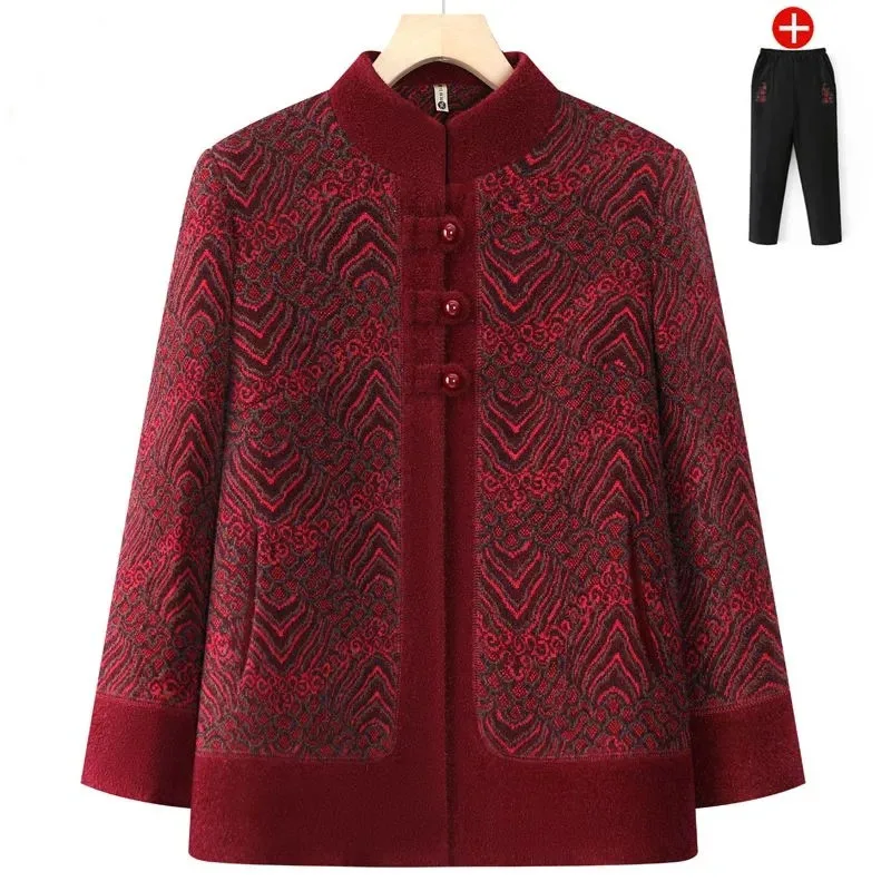 

Middle Aged Mother Long Sleeves Coat Autumn Winter Female Large Size 5XL Printing Tops 2025 Ladies Stand Collar Thicken Jacket