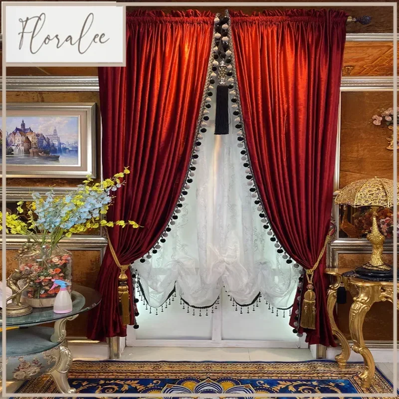 

European Luxury Wine Red Velvet Curtain Living Room Blackout Custom Tulle Valance Lace Palace Thicken Decoration Window Fabric