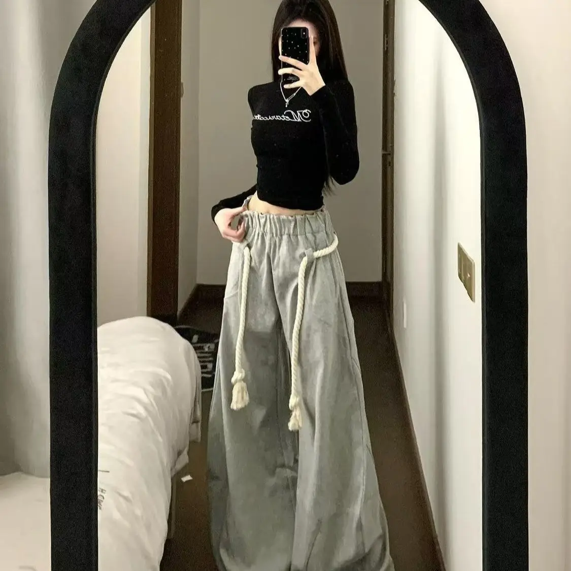 Gray Casual Pants for Women 2025 Autumn New Thick Rope Personalized Wide-leg Pants Loose Wide-leg Sweatpants