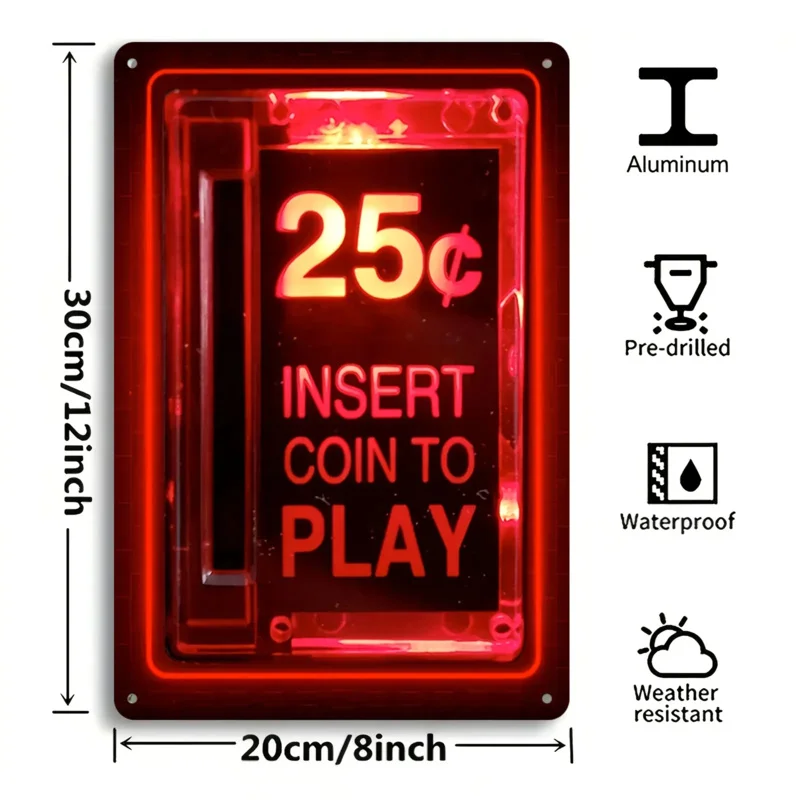 2D Flat, 1pc Retro Arcade Gaming Metal SignVintage Coin-Insertion Slot Design with Insert Coin to Play Button