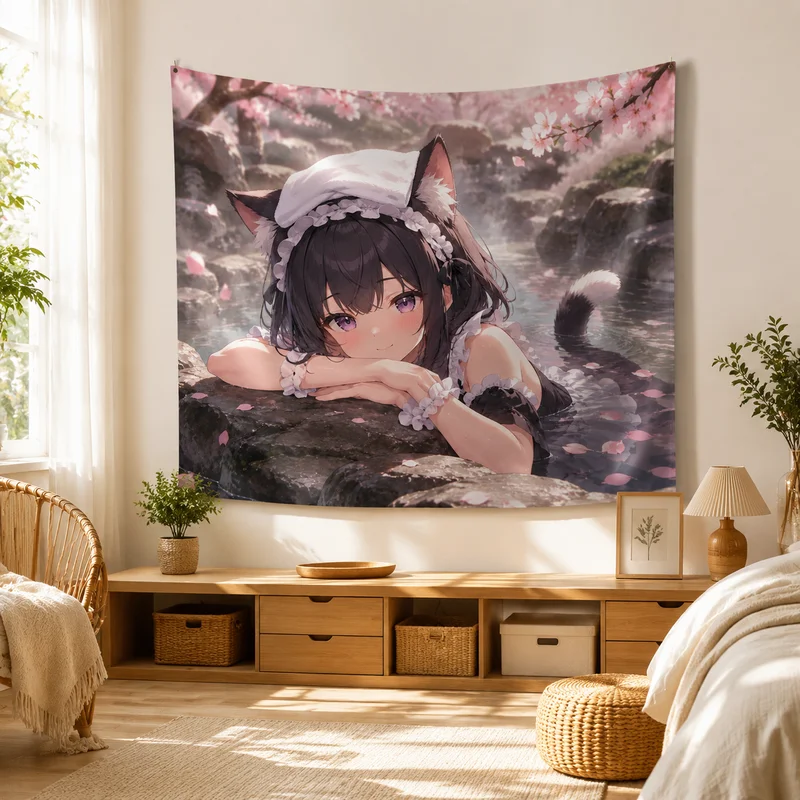 VIKAMA Moonnight Hot Spring Cat Maid Tapestry and Wind Healing Series Cat Ear Maid Printed Hanging Cloth Anime Room Decoration