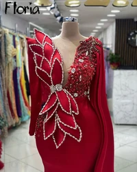 Floria Arabic Red Evening Dresses Dubai Luxury Long Cape Sleeve Formal Occasion Dresses  Robe Soirée Female Crystals Customized