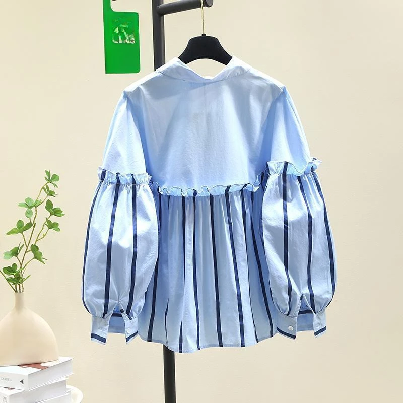 EBAIHUI Lotus Leaf Edge Splicing Long Sleeved Shirt Women's Blue Striped Simple Ladies Chic Top Korean Loose Casual Clothing