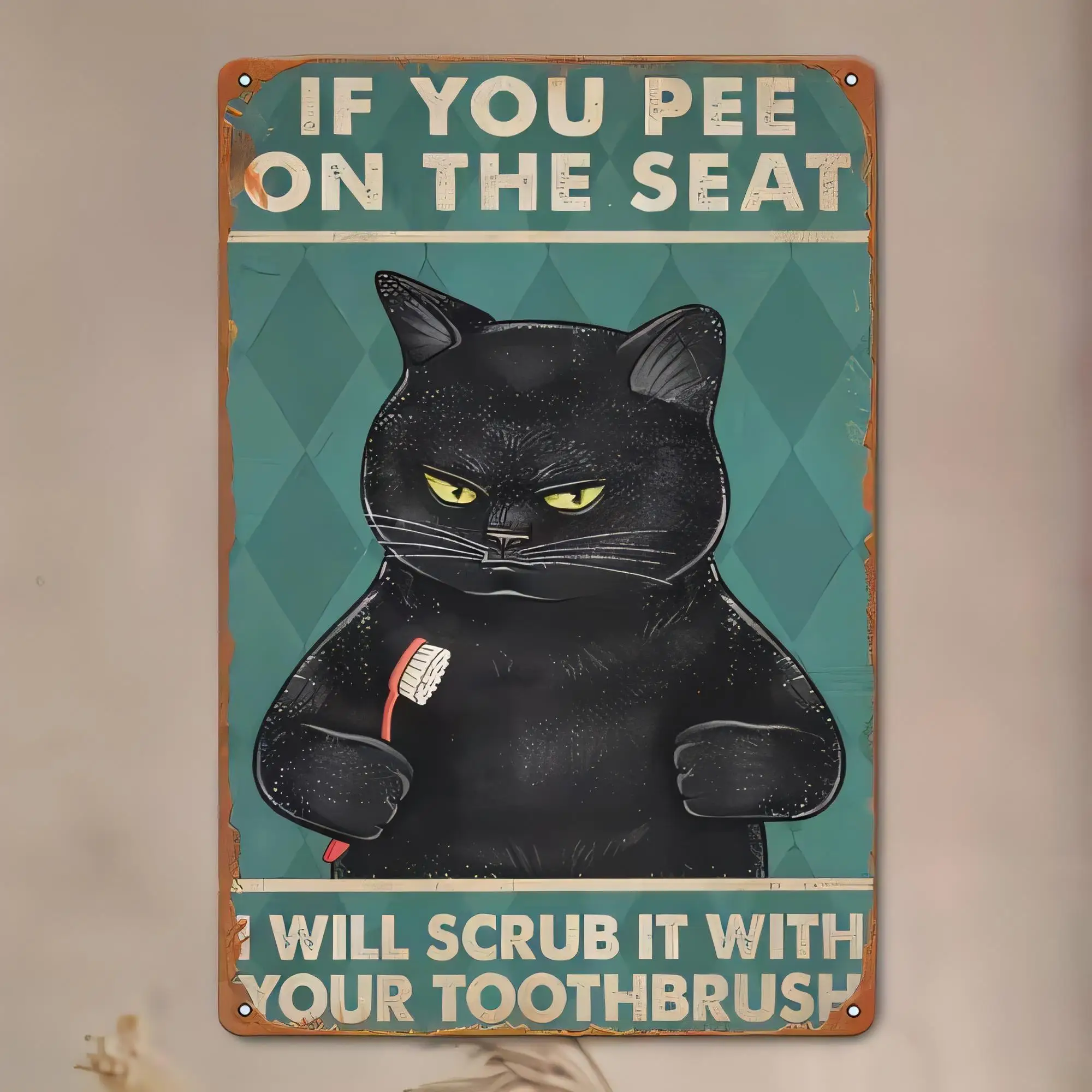 Tin Sign If You Pee On The Will Scrub It With Your Toothbrush Funny Cat Bathroom Wall Decor Retro Vintage Metal Plaque   Home To