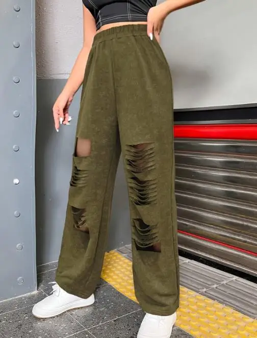 

Women's Pants 2025 Street Hot Girl Personality Ripped Pants Casual Cut Elastic Waistband Knitted Long Pants Wide Leg Pants
