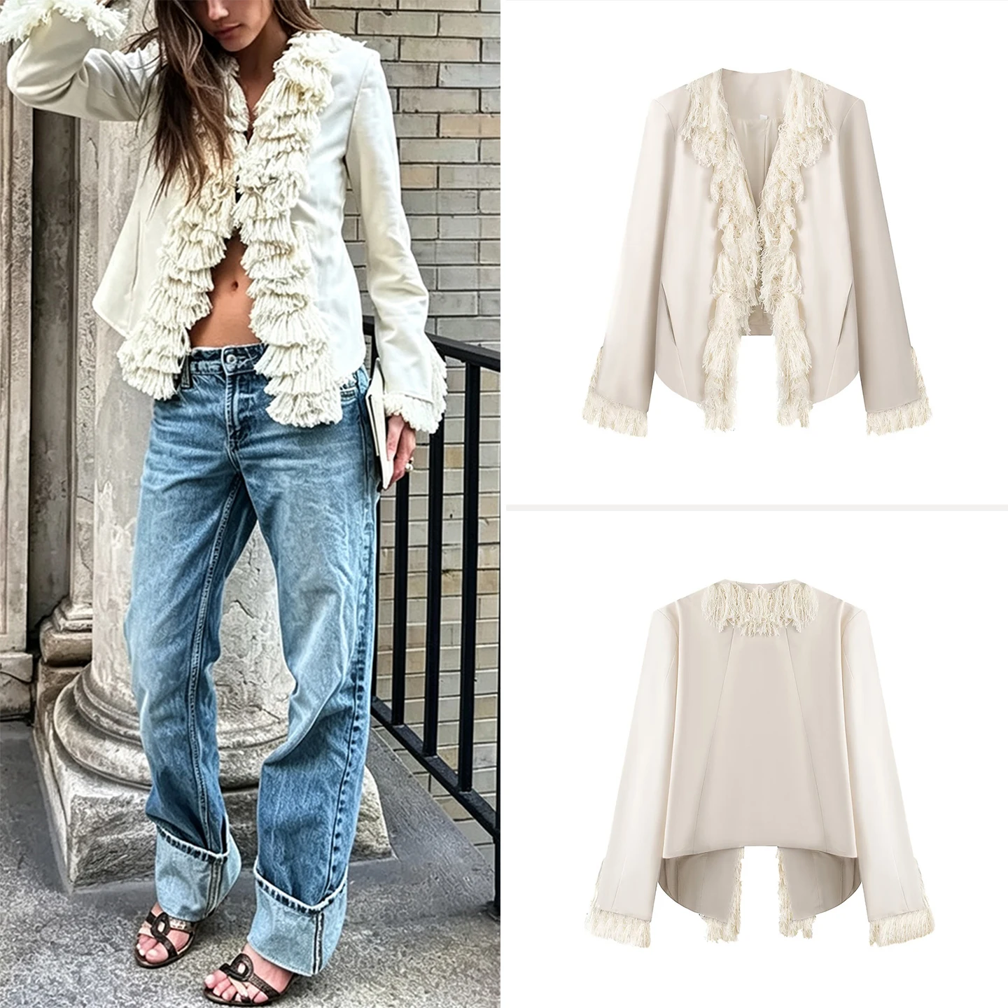 Women's Casual V-neck  Coat 2026 Autumn Fashion Fringe Hem Design Elegant Small Fragrance Style Short Outerwear
