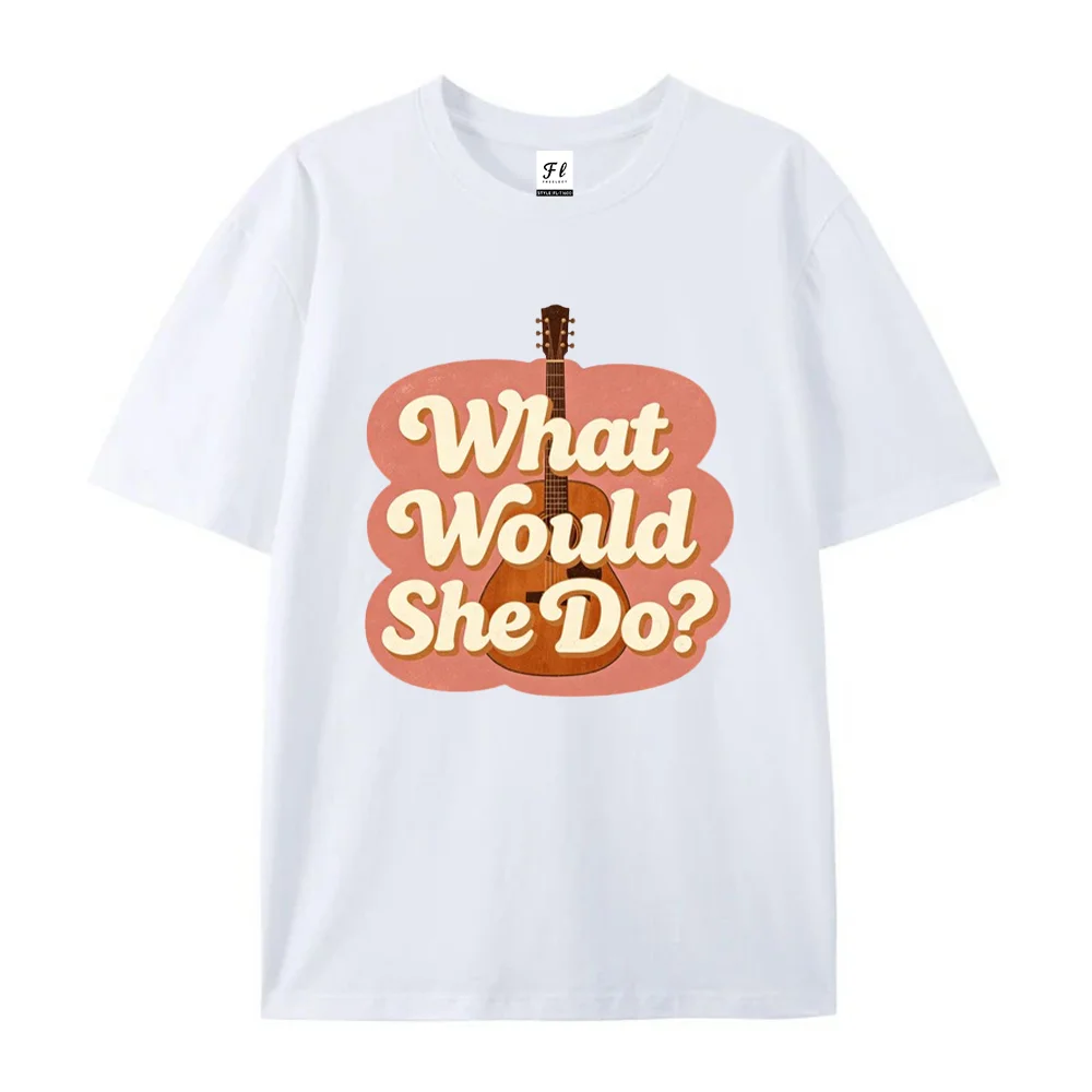 Women T Shirt What Would She Do Guitar Letter Graphic Print White Short Sleeve Cotton Tee Summer Casual Vintage Tops