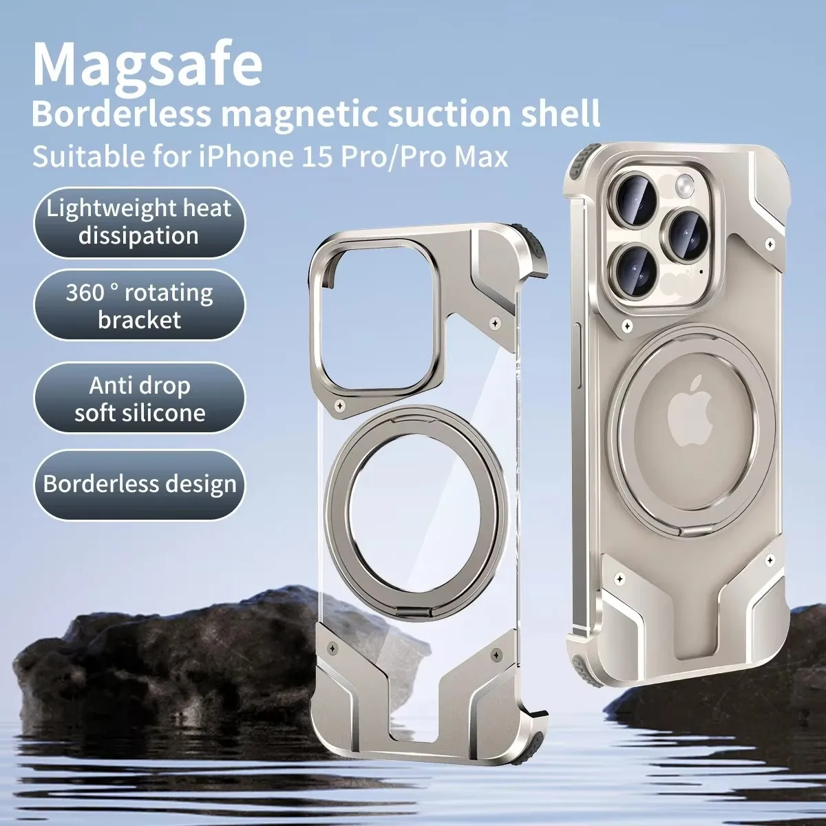 

Aluminum Magnetic Stand Rimless Phone Case For iPhone14 15 Pro Max Metal Lens Invisible Bracket Phone Cover For IPhone 15 Promax