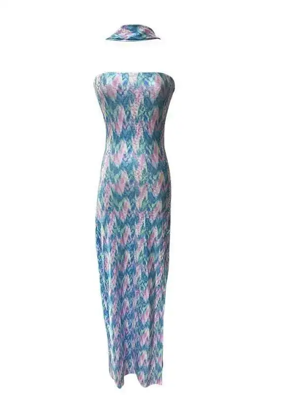 セクシーなパーソナライズされたプリントぶら下げネックローカットオフショルダースプリットドレスエレガントなロングドレススリム女性ファッションセクシーな韓国 VJO0