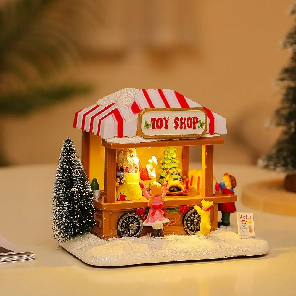 Resin Christmas Ornaments Popcorn Wagon Festival Scene Musical Village Scene Decor LED Lights Snowy View
