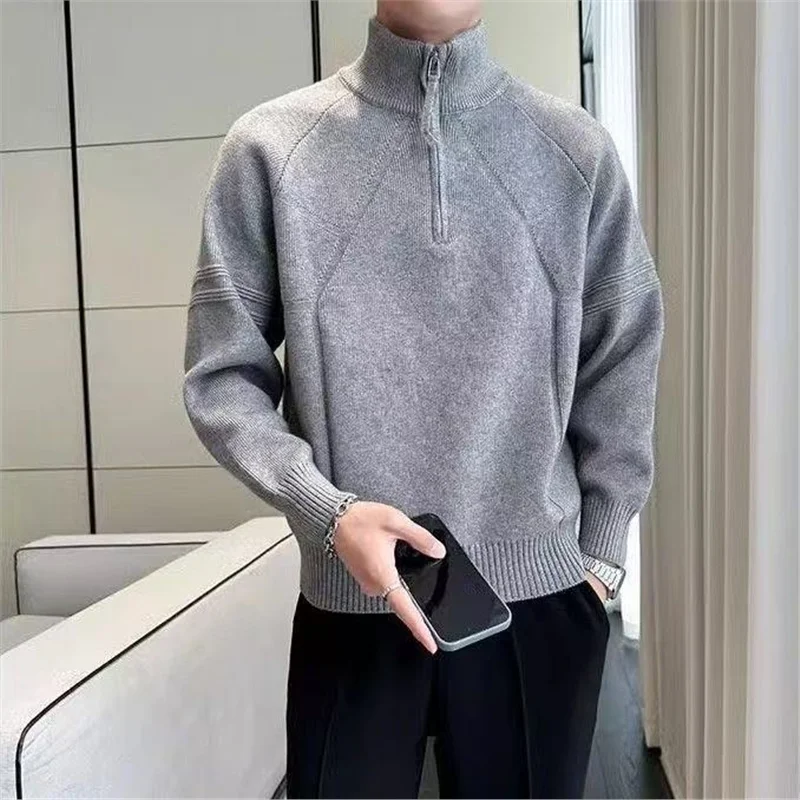 

Повседневный мужской трикотаж с воротником на молнии, однотонный свободный крой, осень-зима, новый универсальный ленивый топ, модная уличная одежда