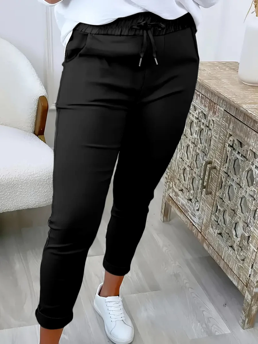 Image of Damen Herbst Casual Lange Hose mit Hoher Elastischer Taille, Kordelzug, Schmale Passform, Bleistifthose, Einfarbige Stretch-Sweathose, Jogginghose