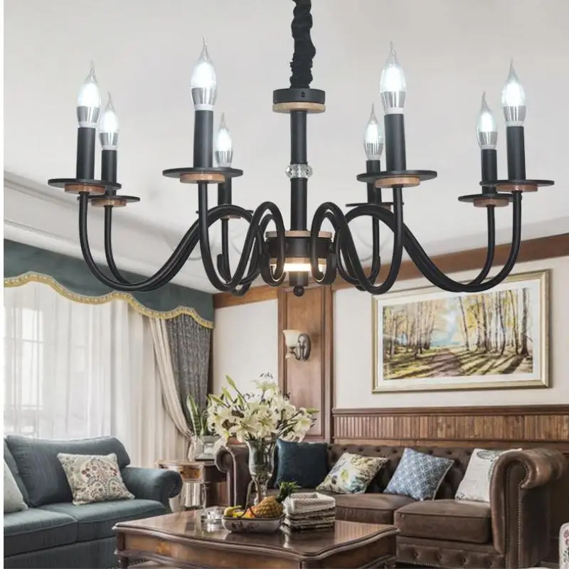 French Retro Chandelier Iron 8 Candle Living Room chandeliers for dinning room lamp Black Study Lamp Restaurant Led Lighting