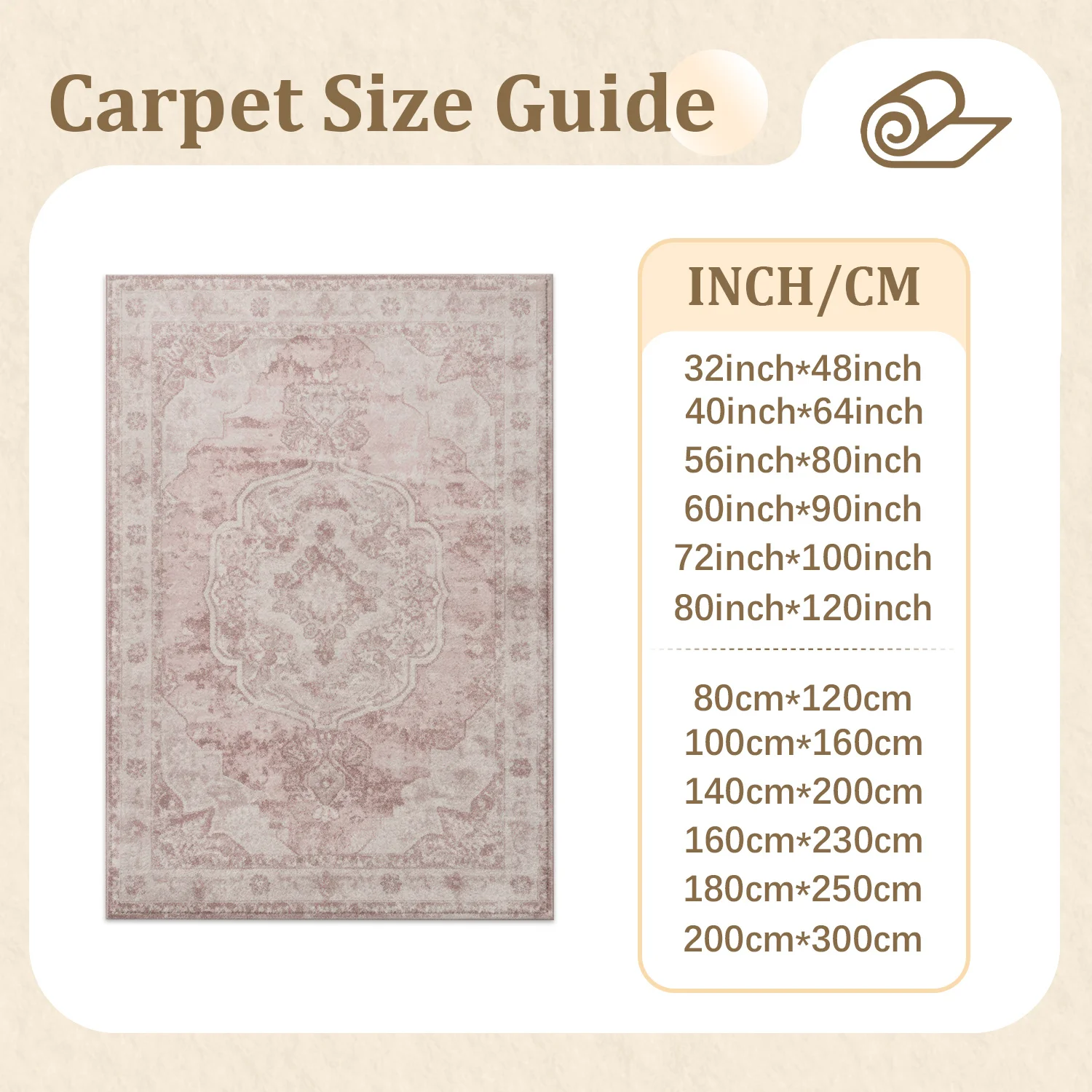 Large Indoor Area Rug, Soft Velvet Low Pile Vintage Blush Medallion Rug with Non-Slip Dotted Backing, Machine Washable for Living Room, Bedroom, Home Decor