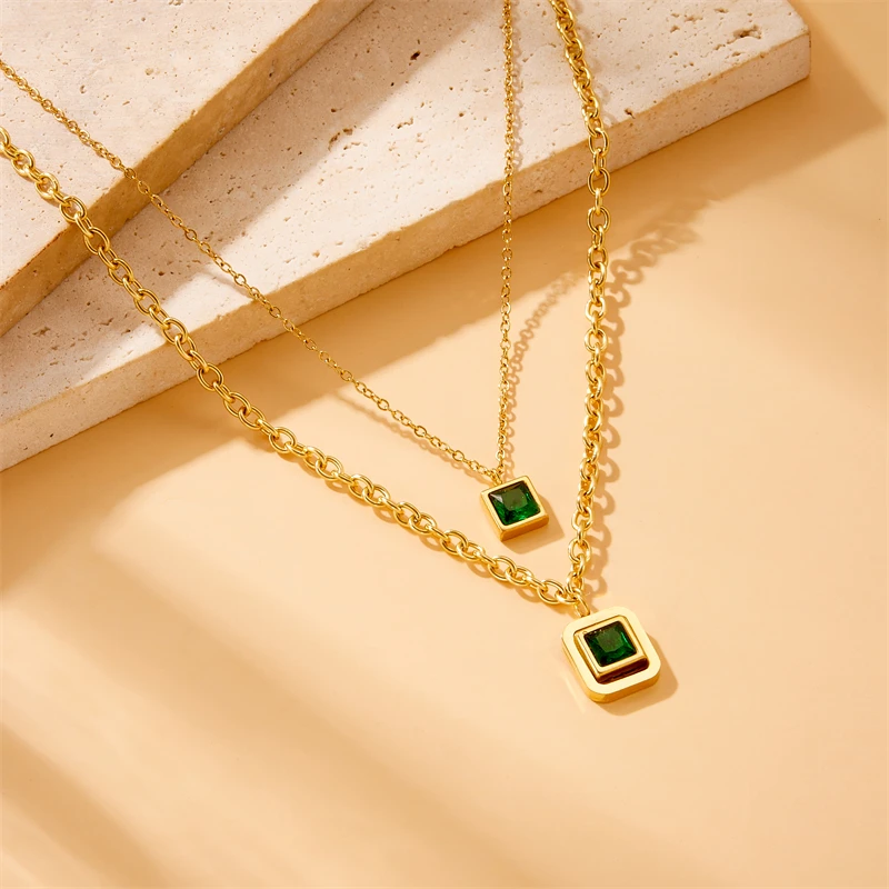 MEYRROYU 316L Stainless Steel Square Green Zircon Double-layer Necklace Bracelet Earrings Women New Trend Non-fading Jewelry Set