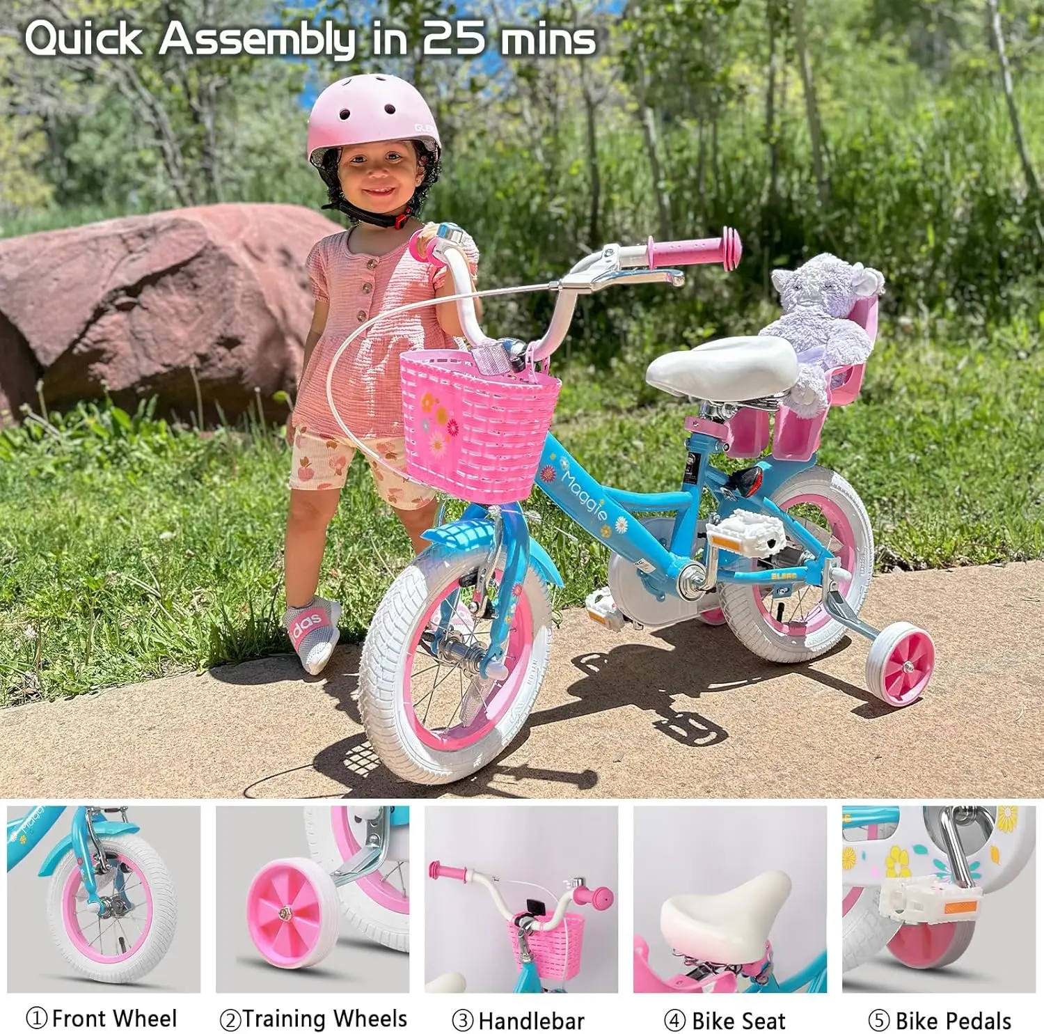 Bicicleta de estilo princesa para niñas, bici de 14 pulgadas para niños de 2 a 13 años, con asiento, cesta y tren