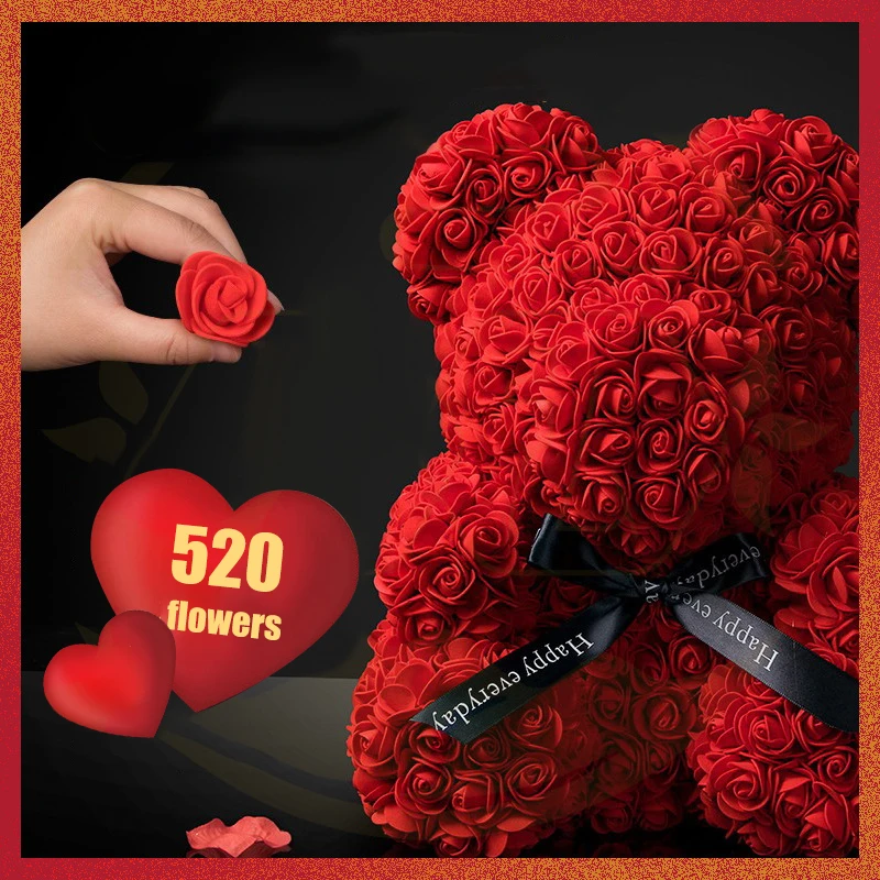 Wedding Decoration Rose Bear Artificial Flower With Box and Light Rose Teddy Bear For Women Valentines Girlfriend Birthday Gifts