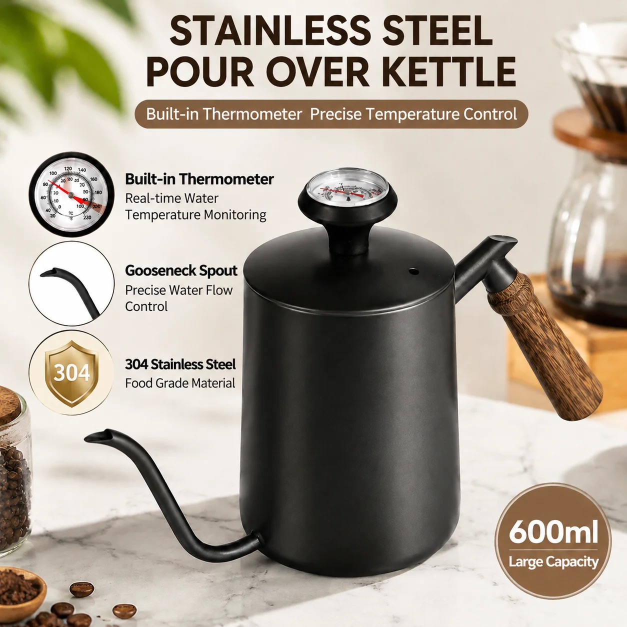 Stainless Steel Pour Over Coffee Kettle with Thermometer Gooseneck Drip Coffee Pot for Hand Brewing