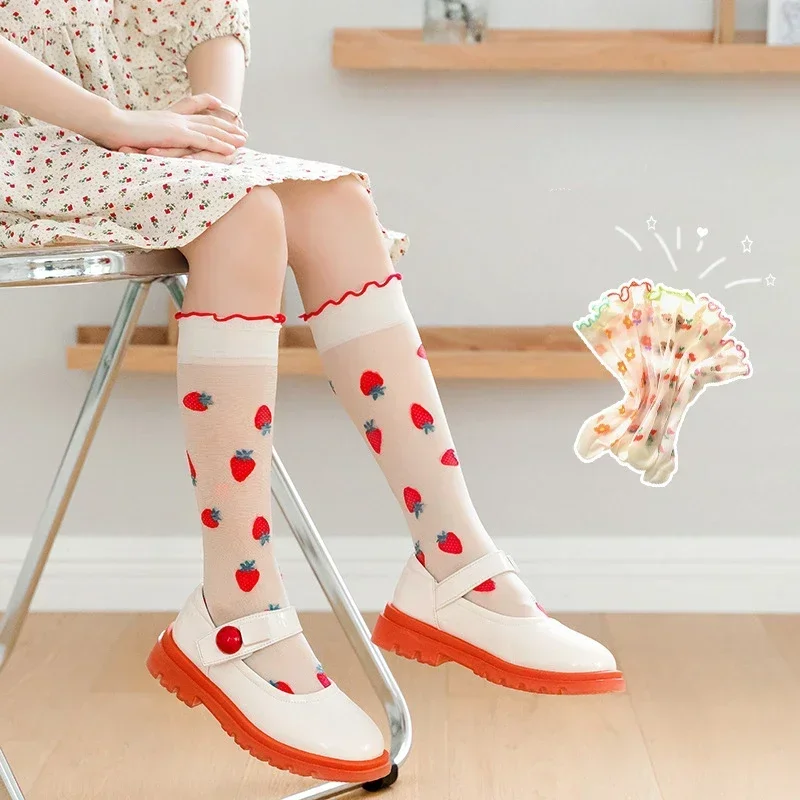 Summer Children Girl's Cute Transparent Strawberry Socks Kid's Toddler Princess Knee High Socks Japanese Style JK Women Sock