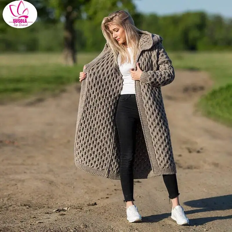 SUSOLA Fall And Winter Lady Casual Solid Gray Cardigan Women Hooded Long Knitted Coats Female Oversized Overcoats Outwear