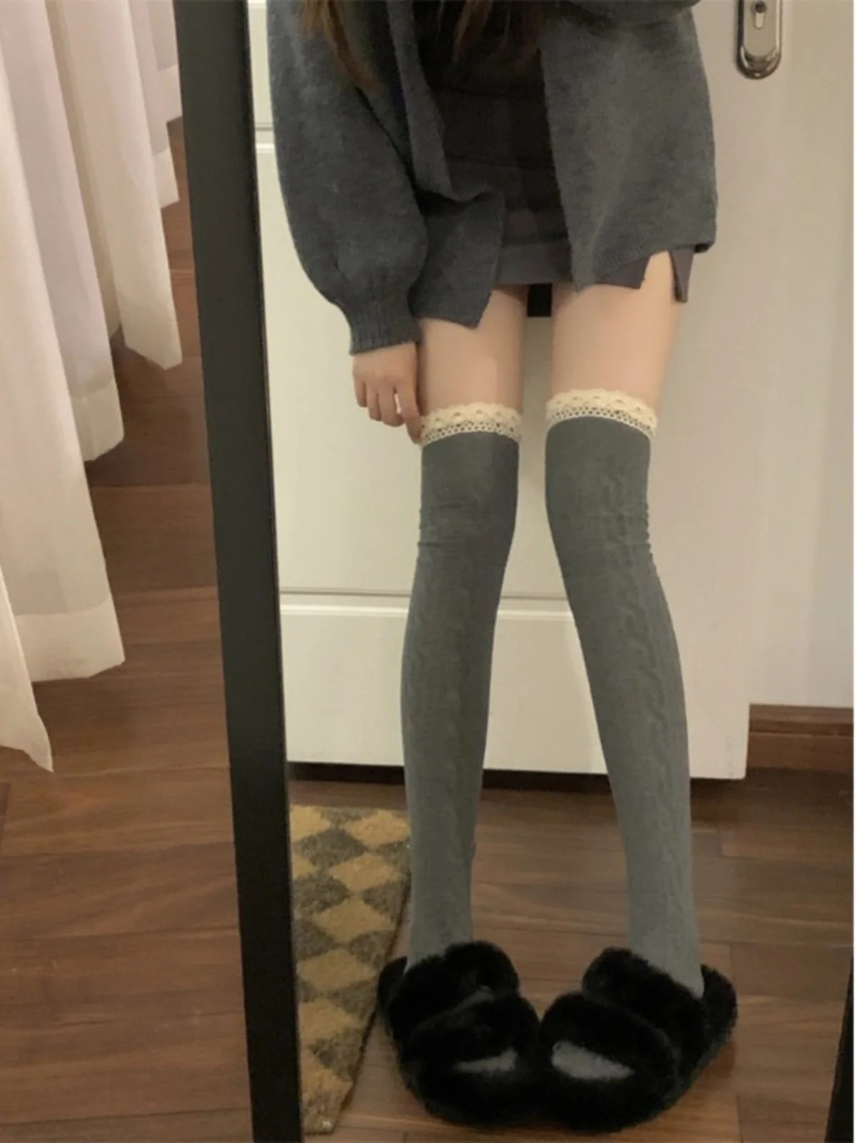 

College Style Lace Patchwork over Knee Long Tube Socks Women's Summer New Slimming Retro High Waist Cotton Blend Socks