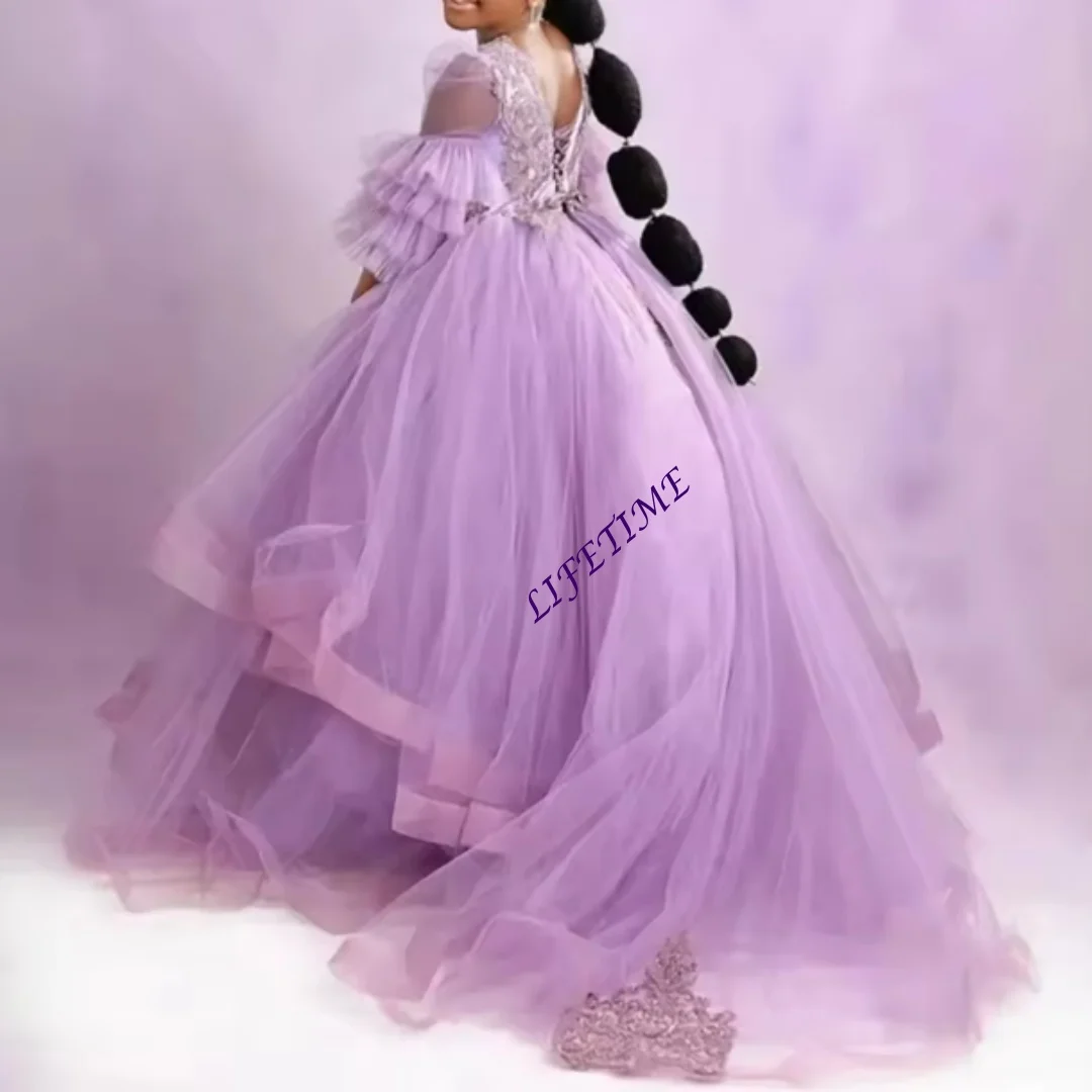 Maßgeschneidertes Prinzessinnen-Blumenmädchenkleid für die Hochzeit, Tüll, Spitze, Applikation, bodenlang, für Kindergeburtstag, Party, Erstkommunion