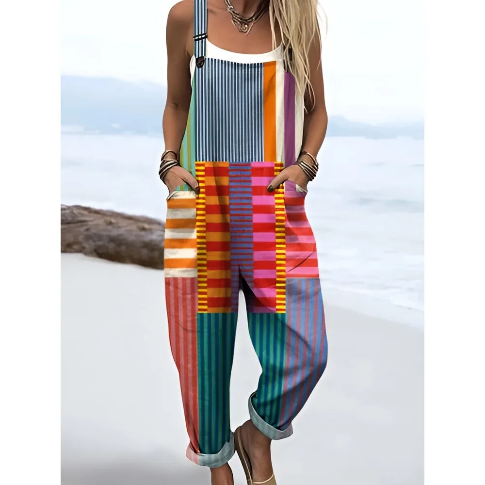 

Красочные клетчатые комбинезоны. Женский регулируемый комбинезон. Одежда свободного покроя с цветочным и геометрическим узором для прогулок на море.