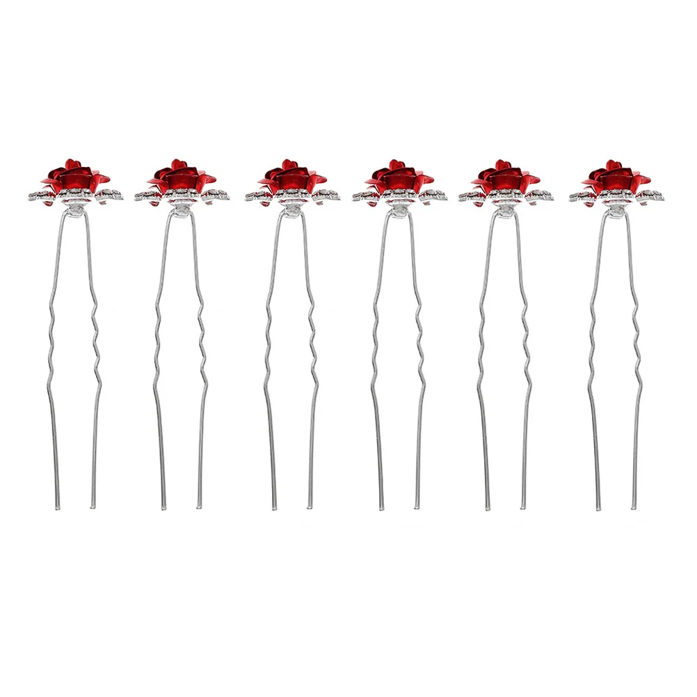 

6Pcs Sparkling Rose Hairpin Bridal Accessory Fine Polishing U-Shaped Stick for Special Occasions Bridal Hairpin